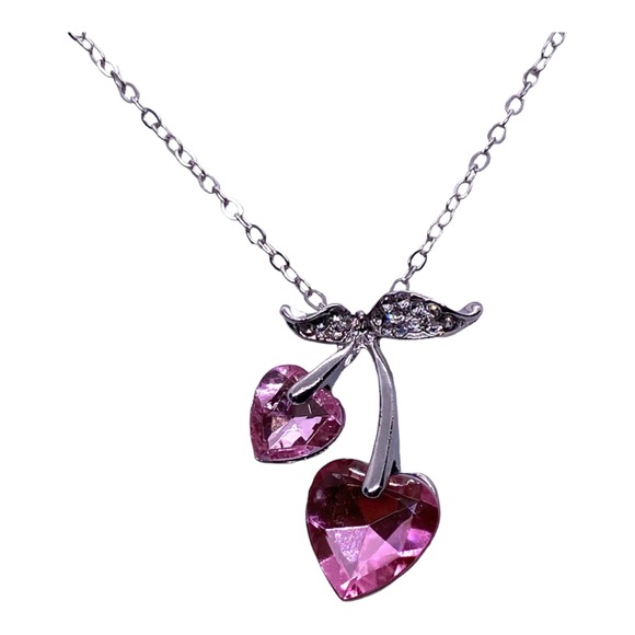 Imitation Pink Cubic Zirconia CZ Gemstone Cherry Cherries Heart Necklace - Picture 3 of 5